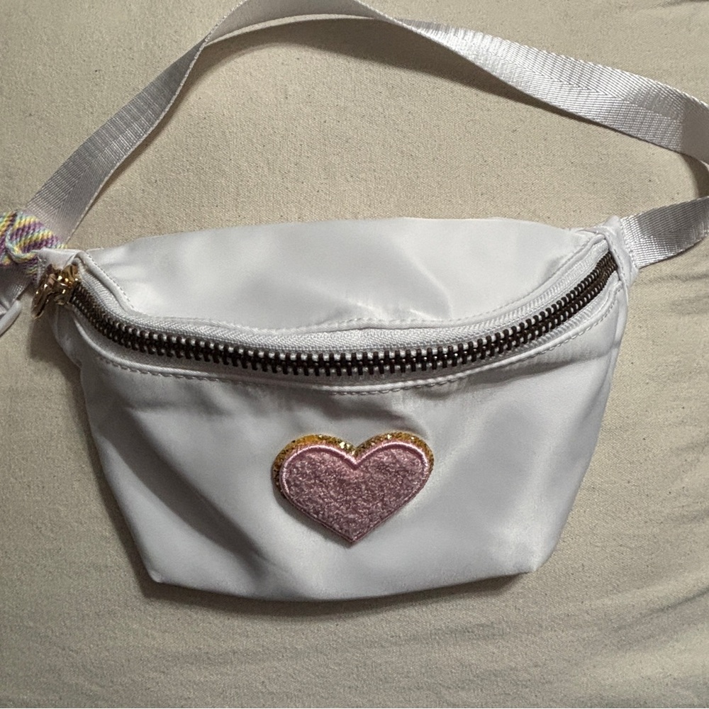 STONEY CLOVER LANE Fanny Pack Belt Crossbody Bag White W Pink Heart Patch